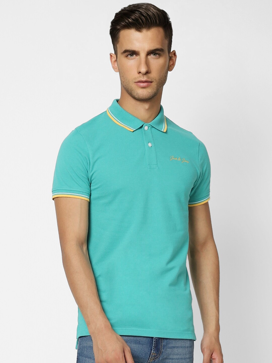 

Jack & Jones Men Turquoise Blue Striped Polo Collar Slim Fit Cotton T-shirt