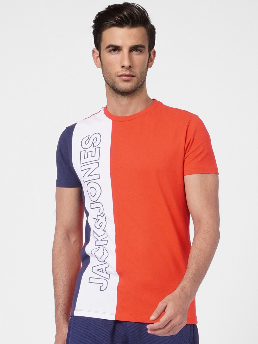 

Jack & Jones Men Orange & White Colourblocked Cotton T-shirt