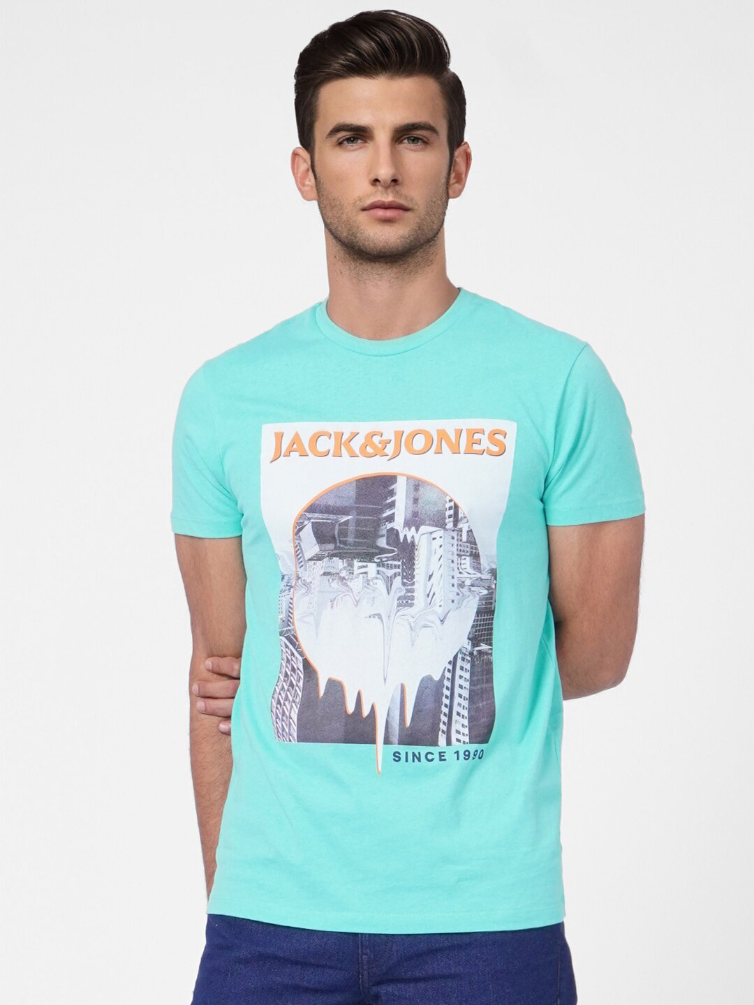 

Jack & Jones Men Turquoise Blue Printed Slim Fit Cotton T-shirt