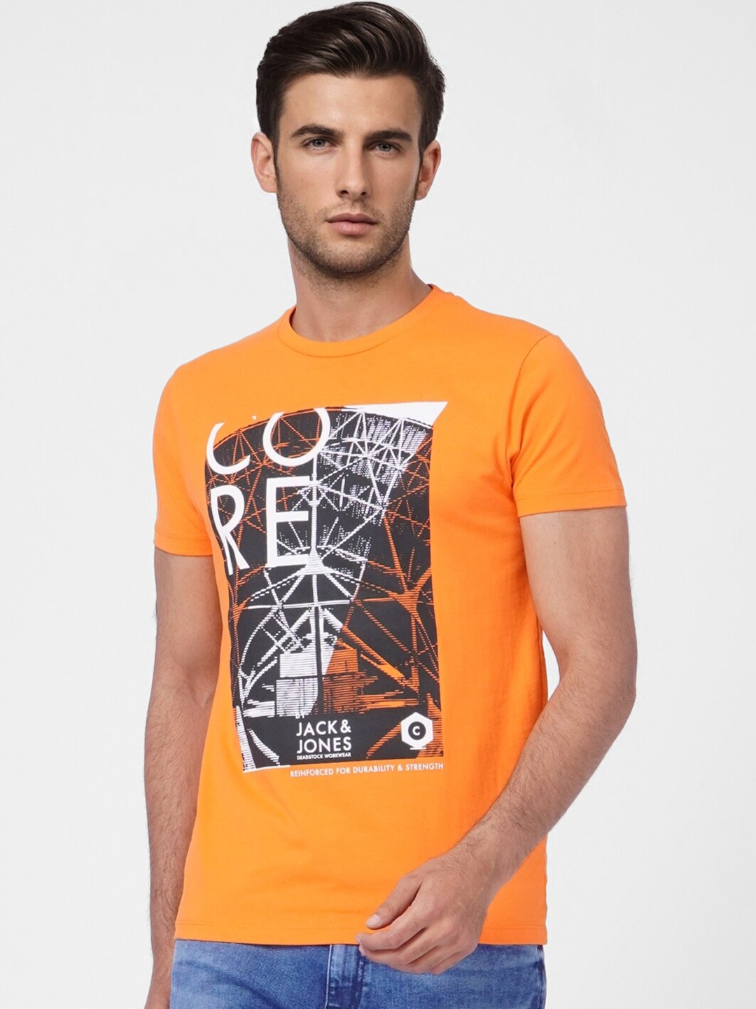

Jack & Jones Men Orange Printed Slim Fit Cotton T-shirt