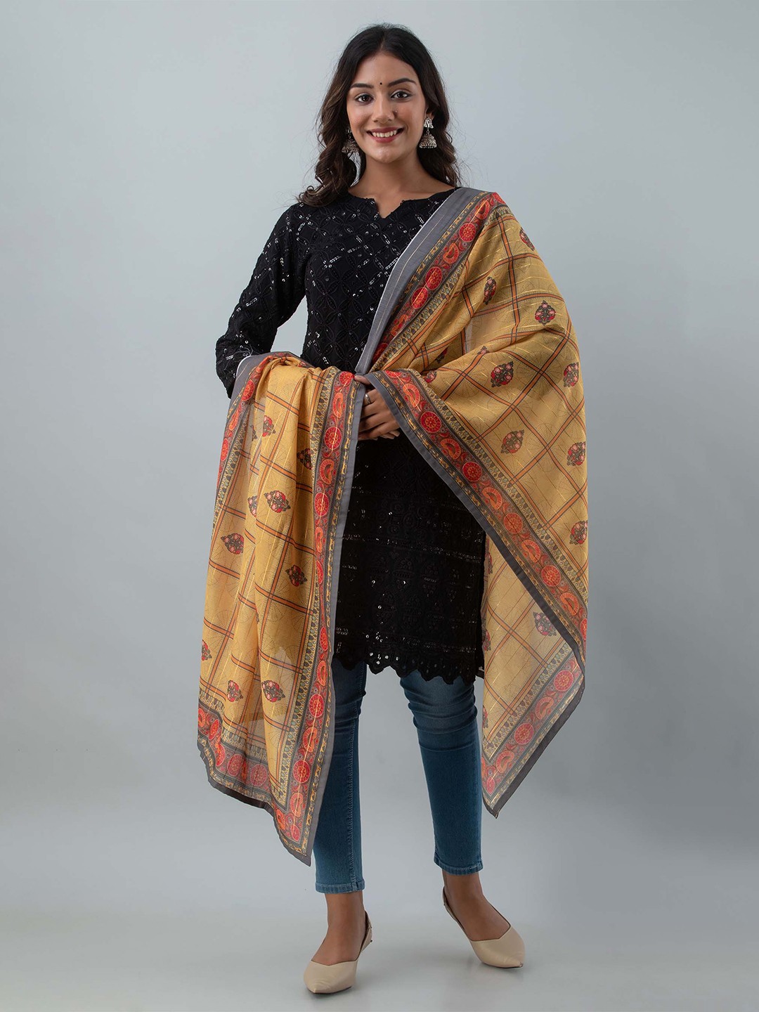 

KALINI Yellow & Orange Printed Art Silk Dupatta