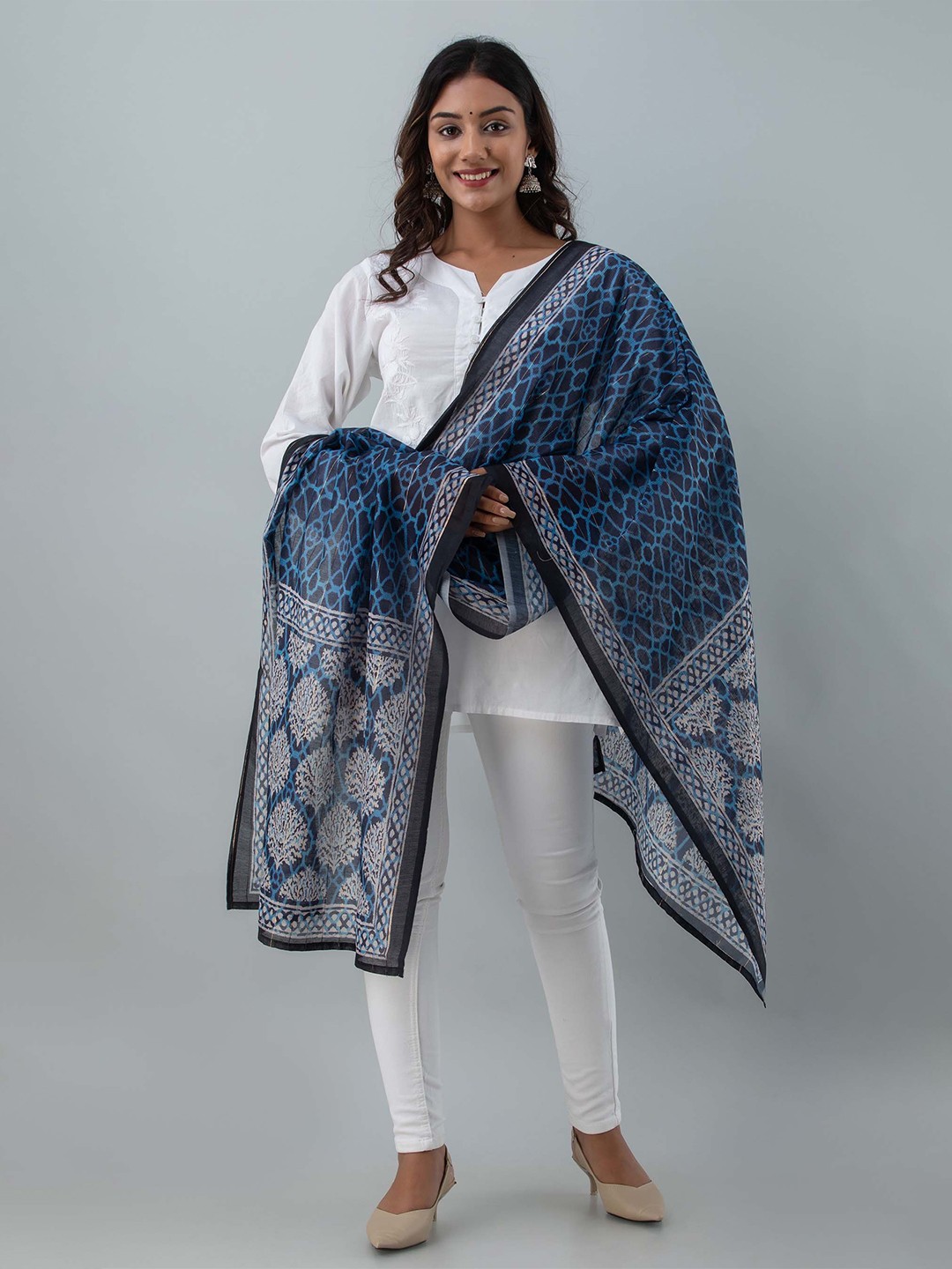 

KALINI Navy Blue Ethnic Motifs Printed Art Silk Dupatta
