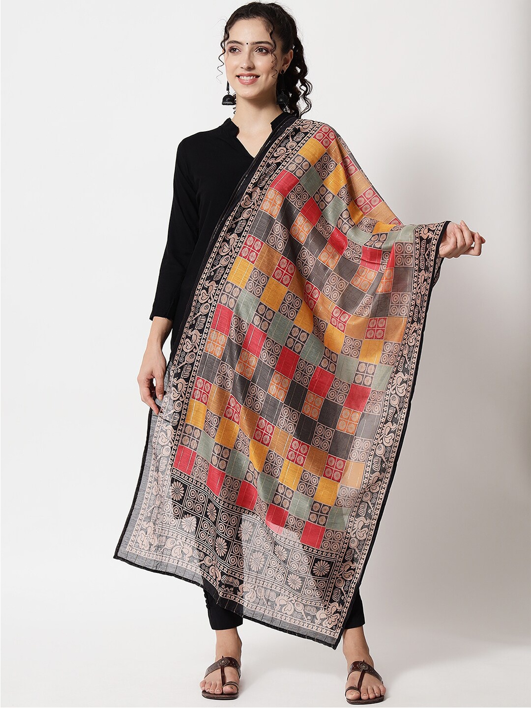

KALINI Mustard & Black Printed Art Silk Dupatta