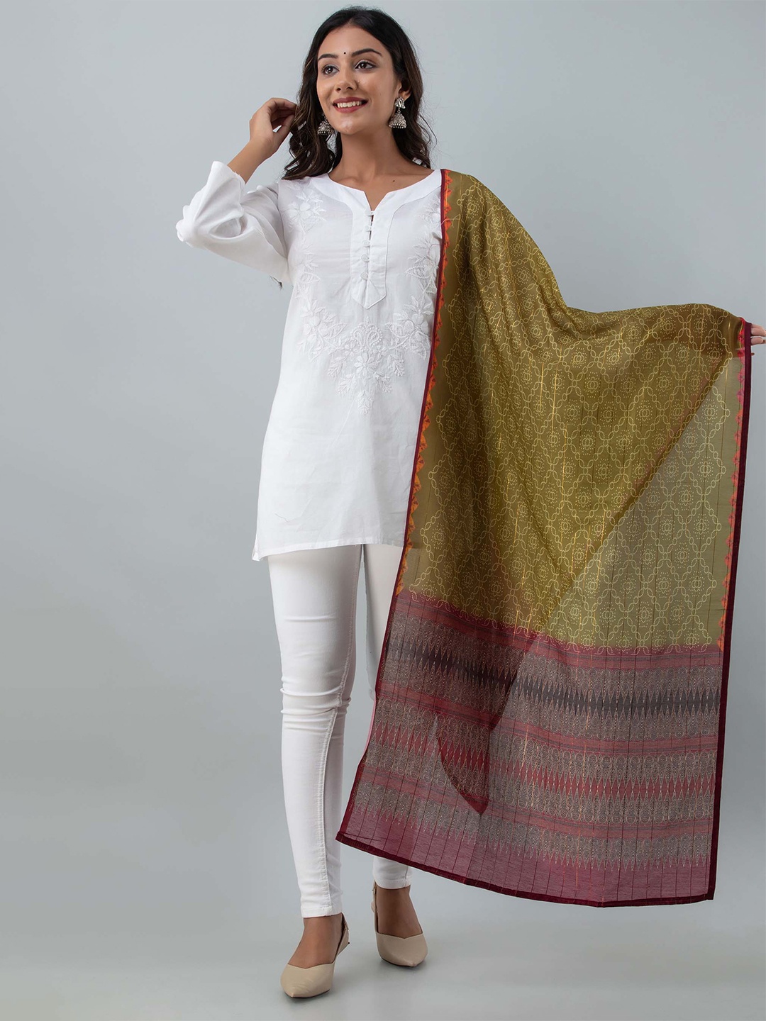 

KALINI Olive Green & Brown Printed Art Silk Bandhani Dupatta