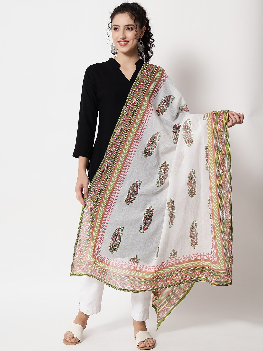 

KALINI White & Green Paisley Printed Dupatta