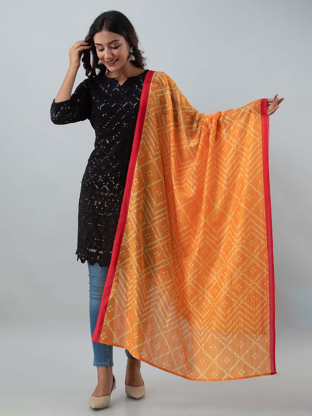 

KALINI Orange & Red Printed Art Silk Bandhani Dupatta
