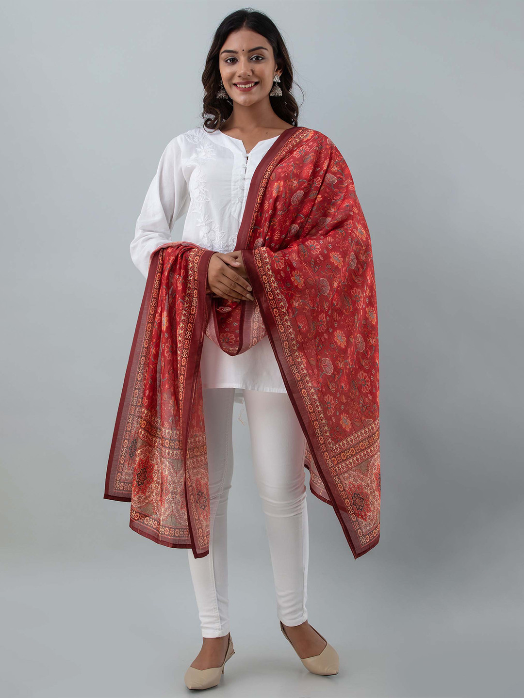

KALINI Red & Grey Printed Art Silk Dupatta
