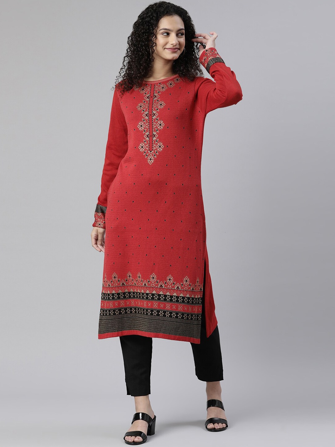 

Neerus Women Red & Black Ethnic Motifs Acrylic Kurta