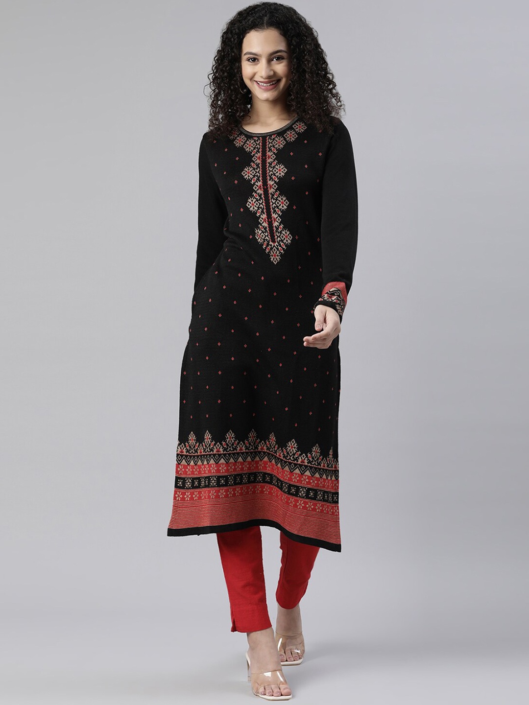 

Neerus Women Black Ethnic Motifs Acrylic Dry CleanKurta