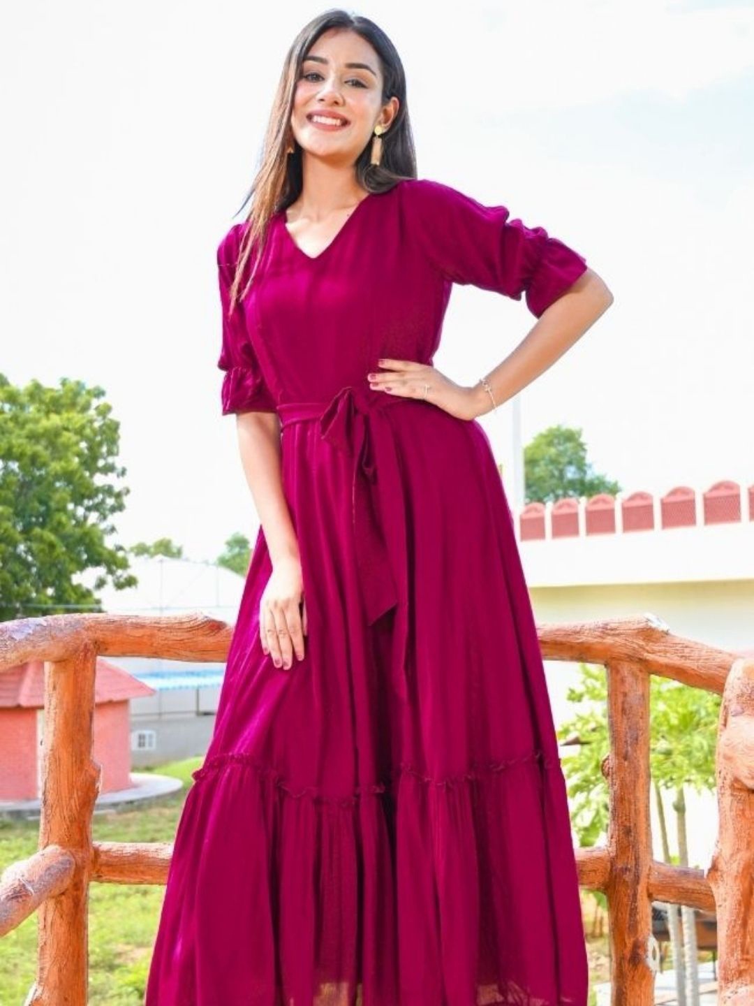 

HOUSE OF JAMOTI Women Magenta Cotton Maxi Dress