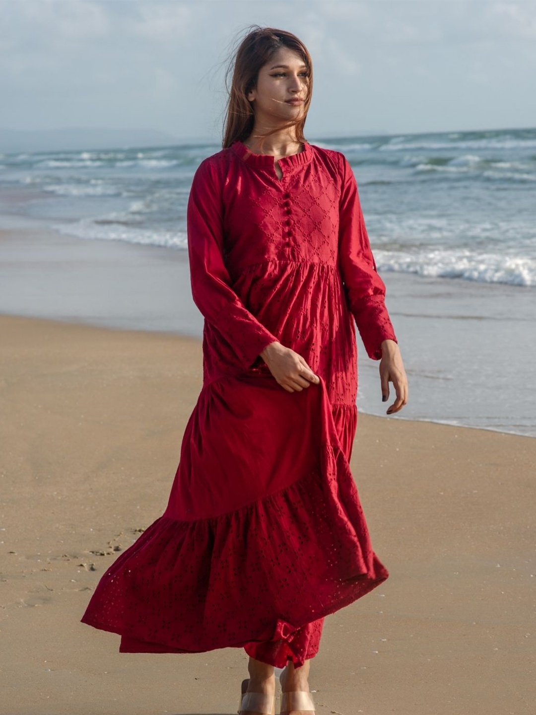 

HOUSE OF JAMOTI Maroon Cotton Schiffli Maxi Dress