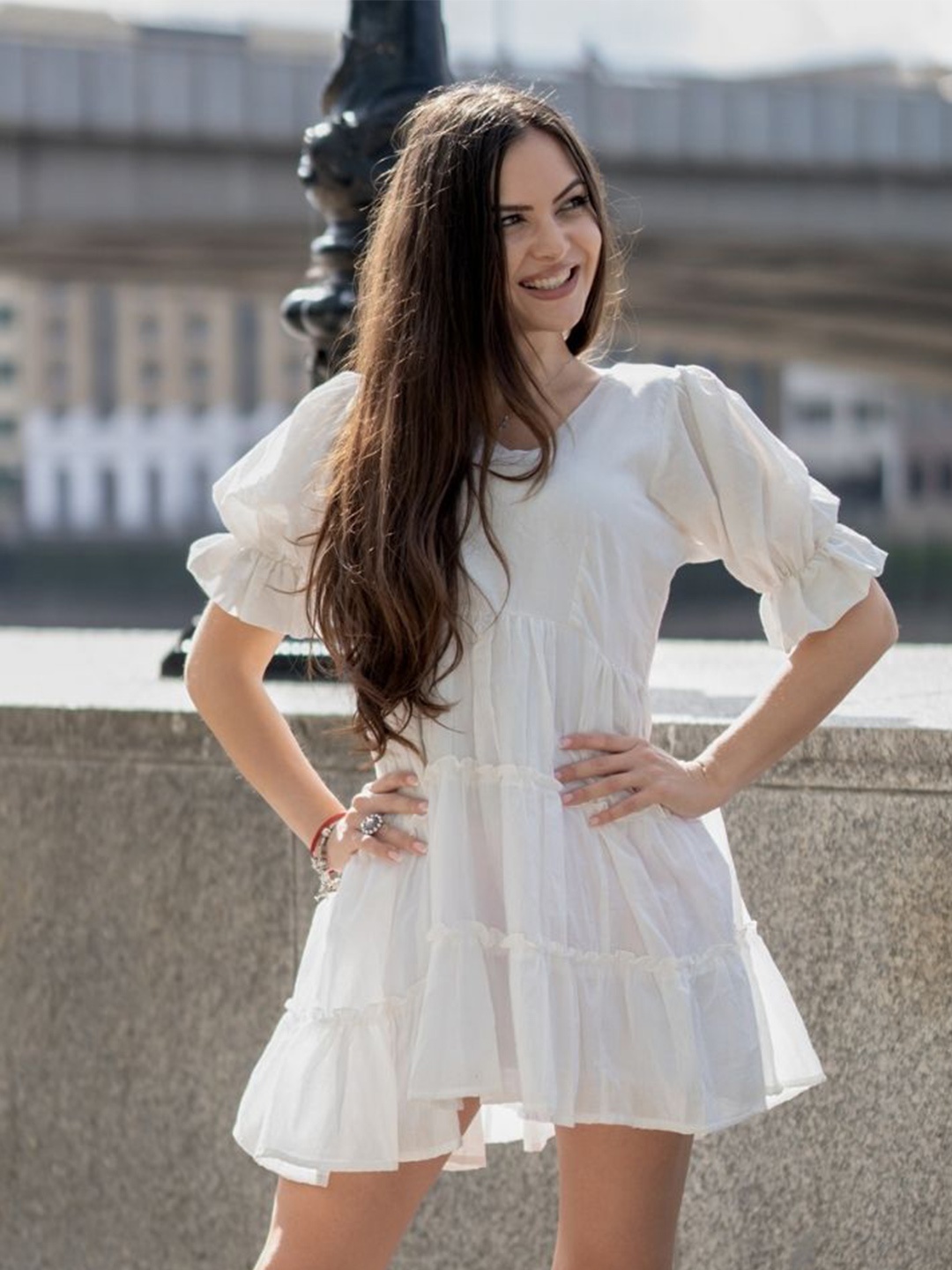 

HOUSE OF JAMOTI White Cotton A-Line Dress