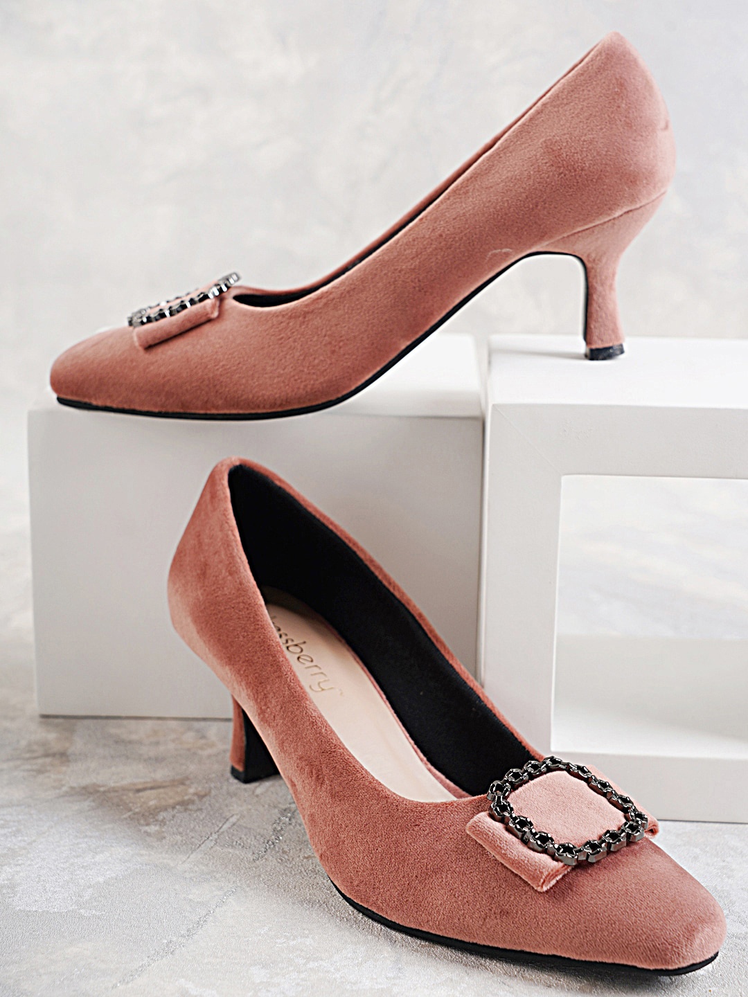 

DressBerry Pink Embellished Velvet Kitten Pumps Heels