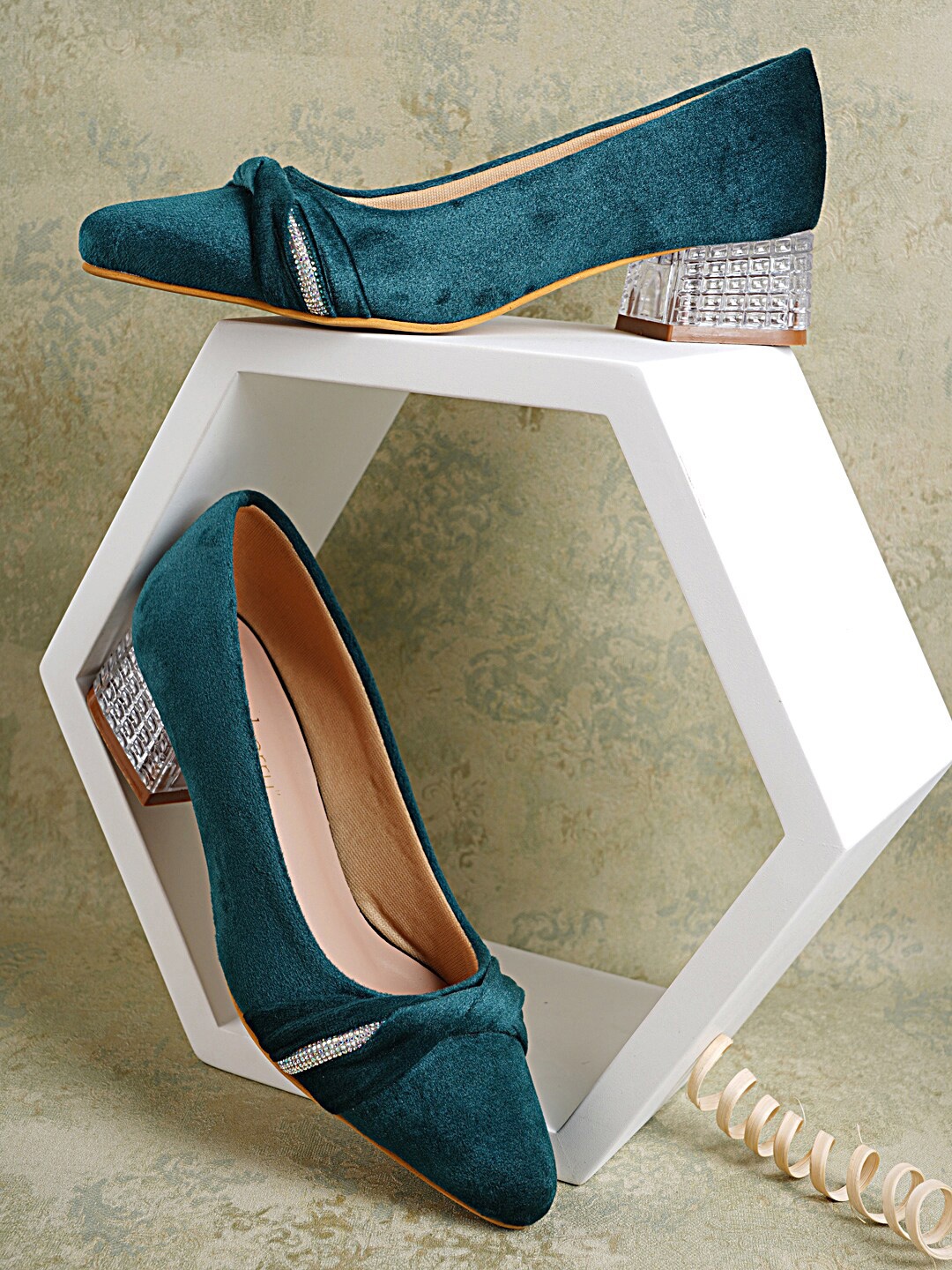 

DressBerry Green Embellished Velvet Block Pumps Heels