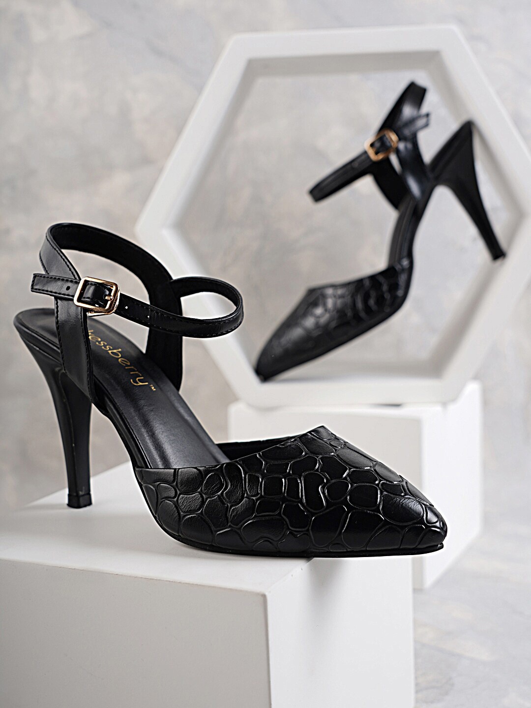 

DressBerry Black PU Stiletto Heels with Buckles