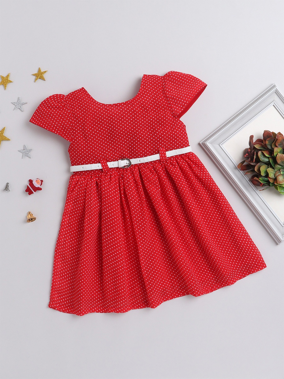

The Magic Wand Girls Self Design Cap Sleeves Fit and Flare Dress, Red