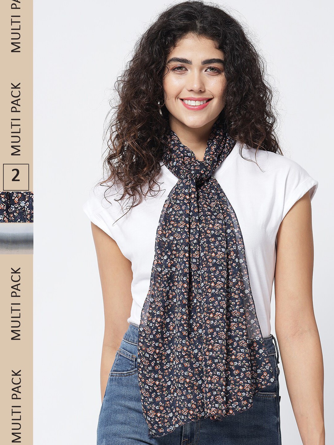 

Trend Arrest Women Black & Beige Pack Of 2 Printed Scarves