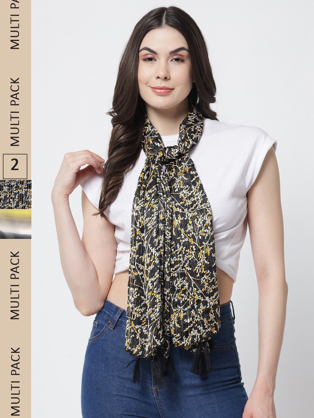 

Trend Arrest Women Black & Yellow Pack Of 2 Printed Scarves