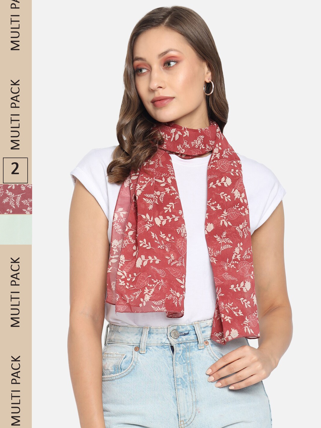 

Trend Arrest Women Red & Green Pack Of 2 Printed Scarves