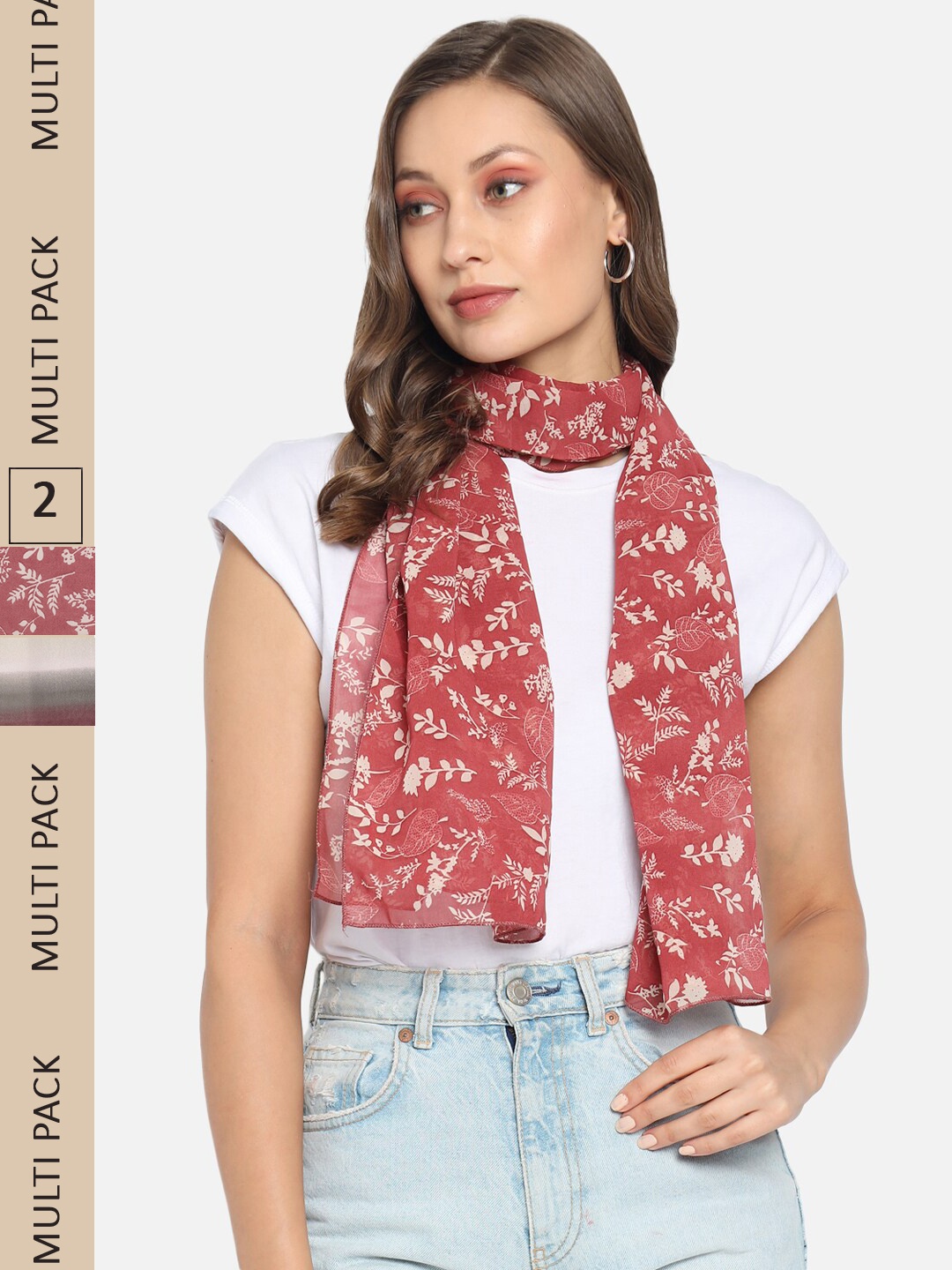 

Trend Arrest Women Red & Off White Pack Of 2 Printed Scarves