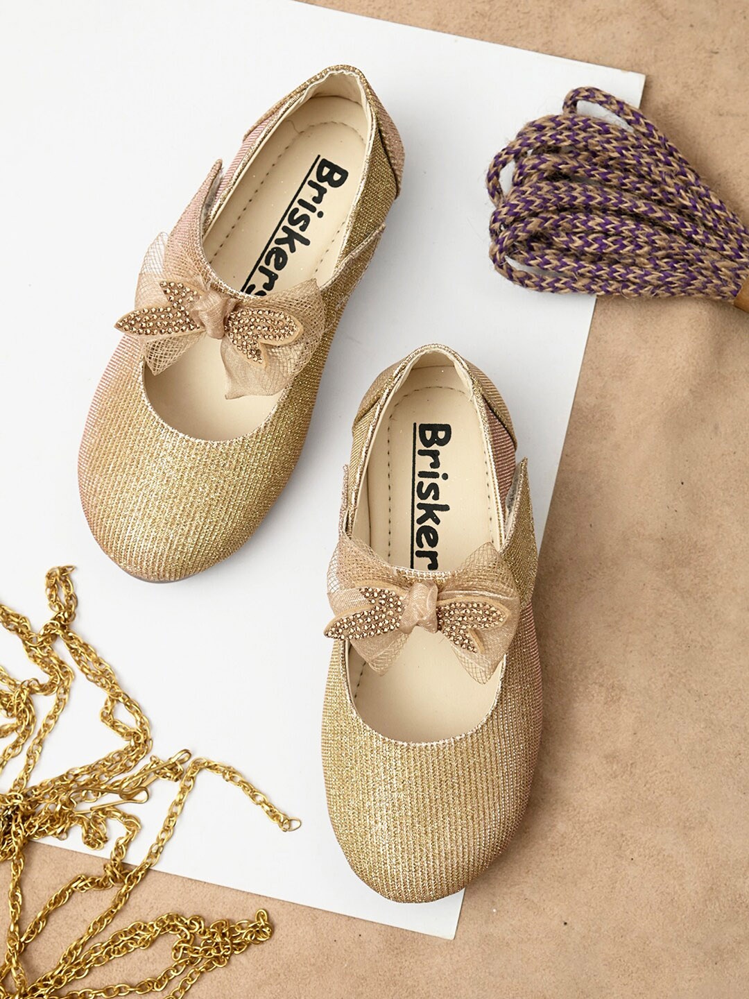 

BRISKERS Girls Gold-Toned Embellished Ballerinas Flats