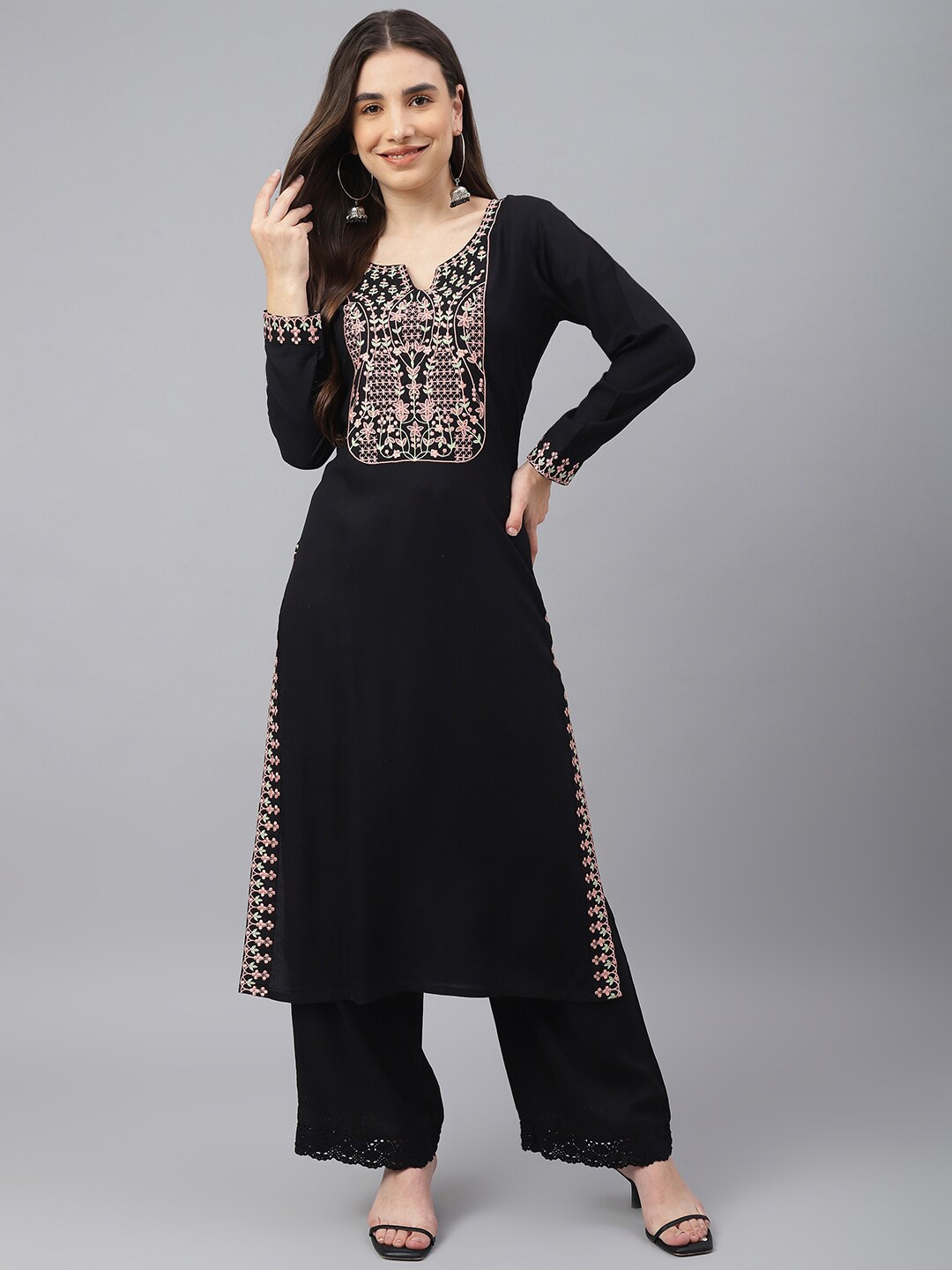 

Idalia Notched Neck Embroidered Thread Work Straight Regular Fit Kurta, Black