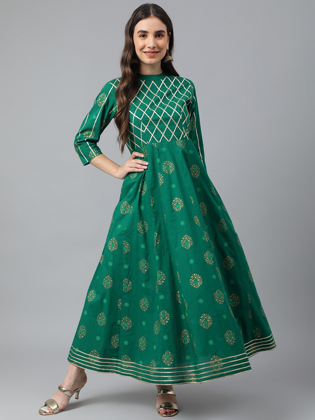 

Idalia Women Green Geometric Thread Work Anarkali Cotton Kurta
