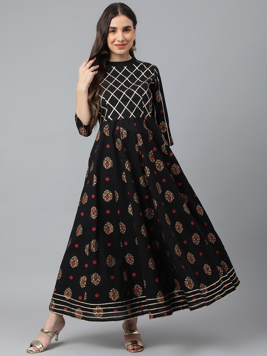 

Idalia Women Black Ethnic Printed Thread Work Anarkali Cotton Kurta