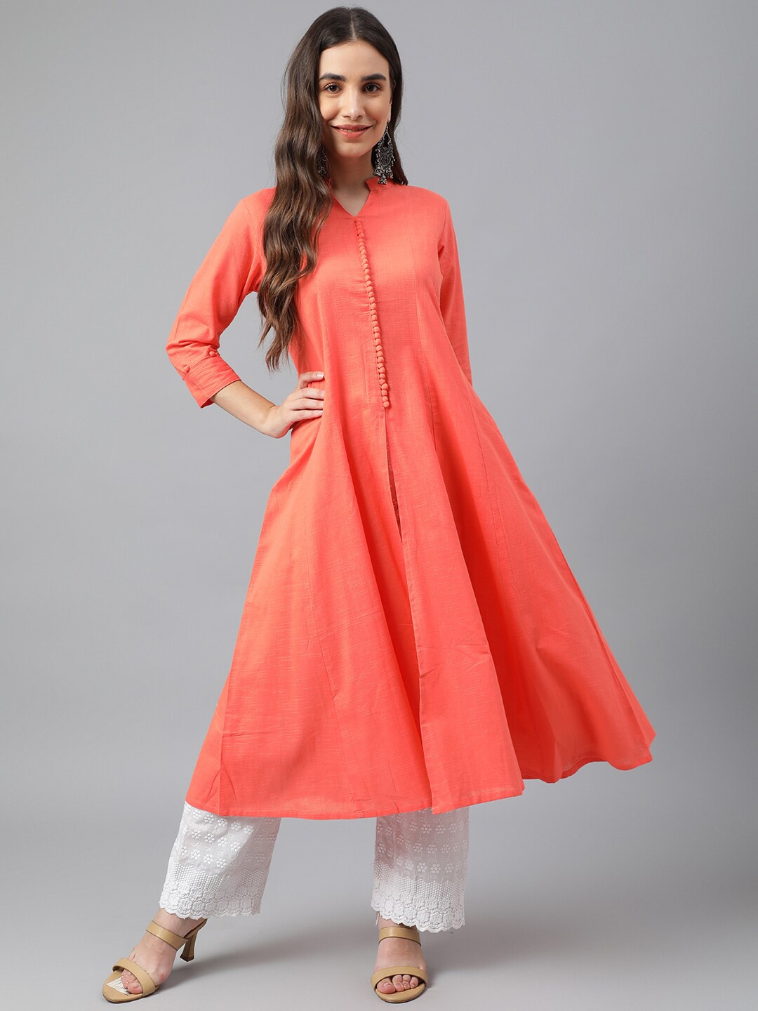 

Idalia Women Coral Solid Anarkali Cotton Kurta