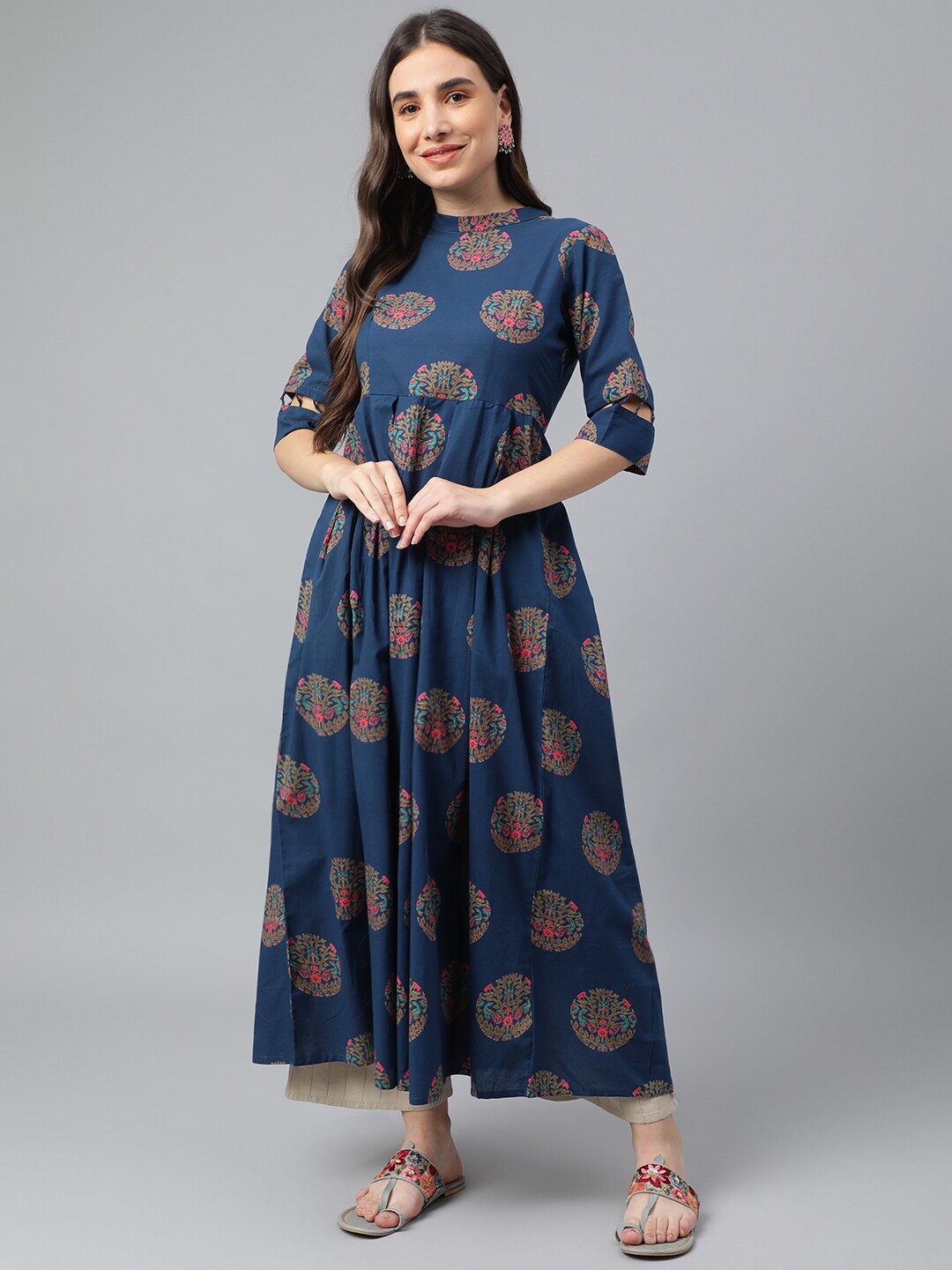 

Idalia Mandarin Collar Ethnic Printed Anarkali Pleated Cotton Kurta, Navy blue