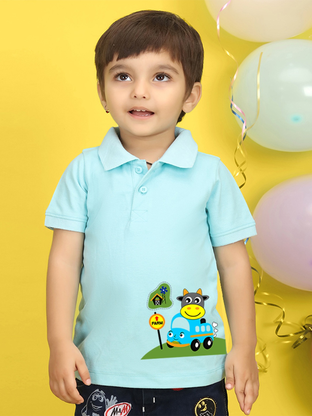 

NUSYL Kids Peach-Coloured Printed Polo Collar T-shirt