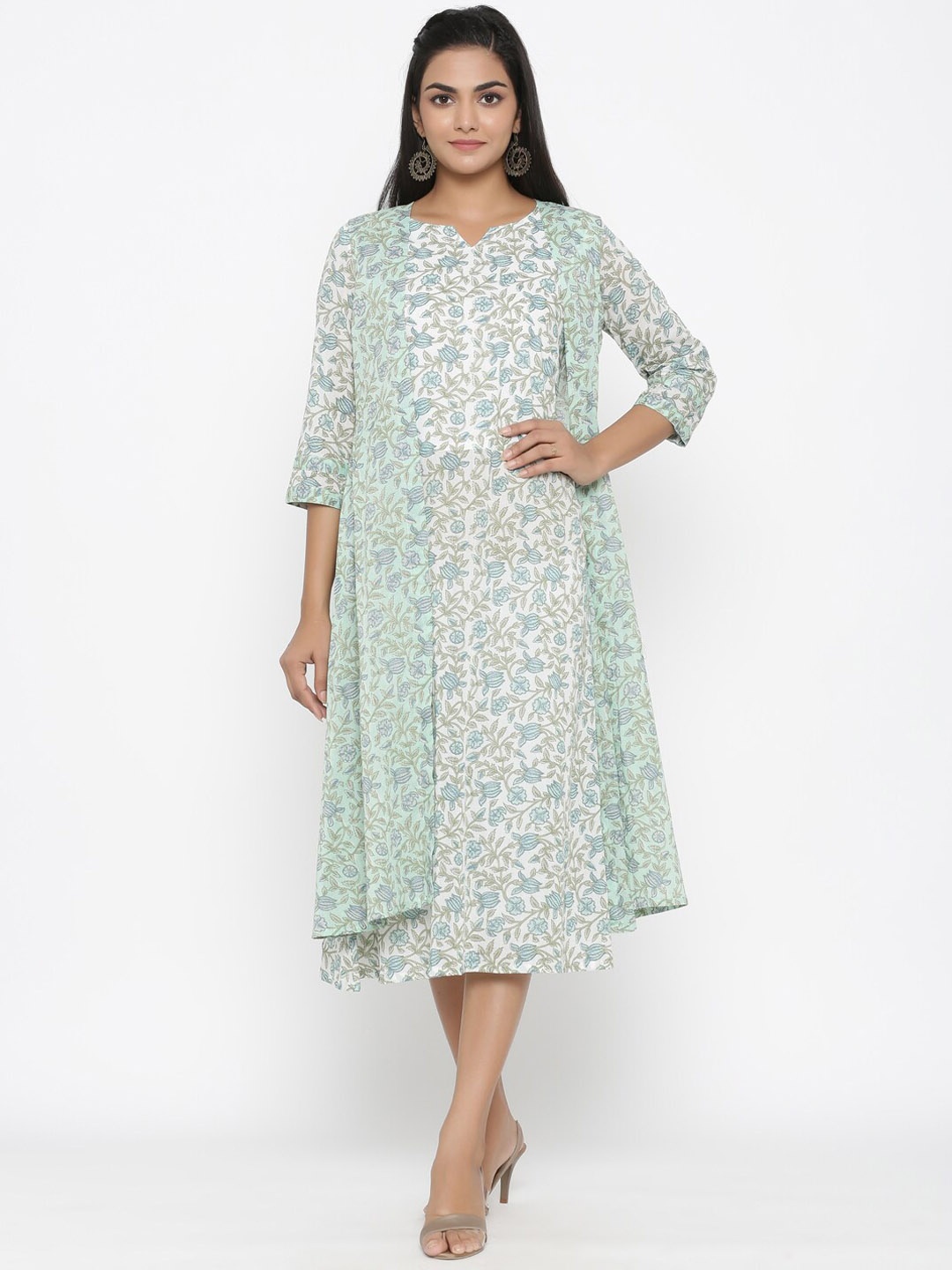 

MIRAVAN Green & White Floral A-Line Cotton Dress