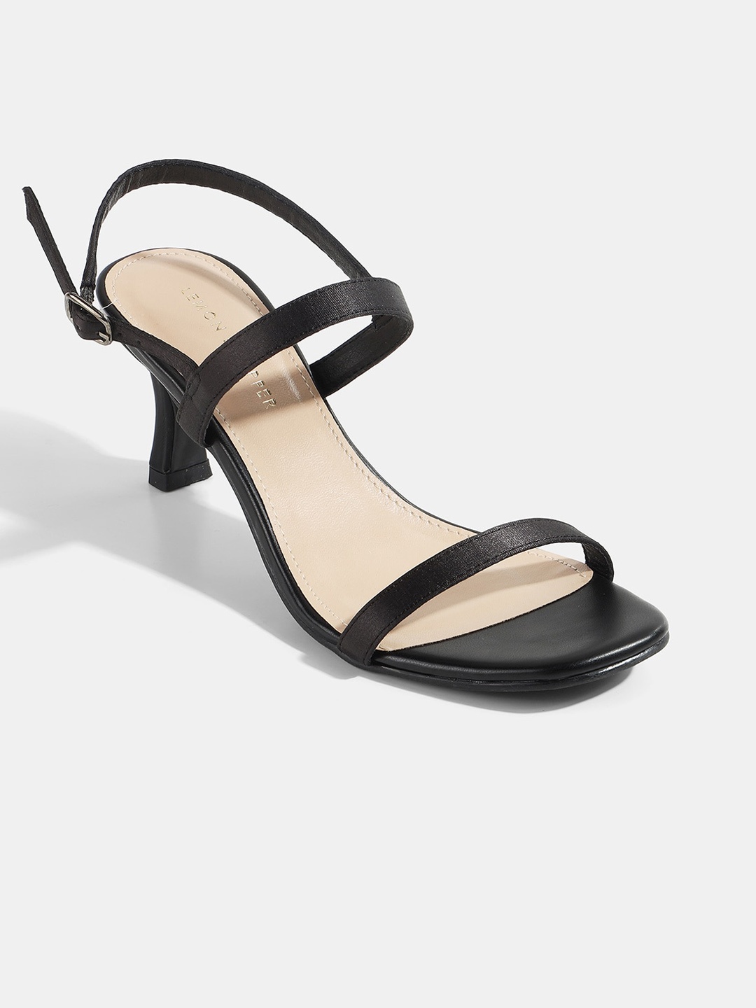 

LEMON & PEPPER Black & Beige Embellished PU Kitten Sandals with Buckles