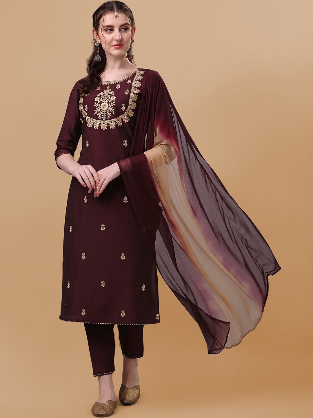 

Berrylicious Women Maroon Floral Embroidered Kurta with Trousers & With Dupatta