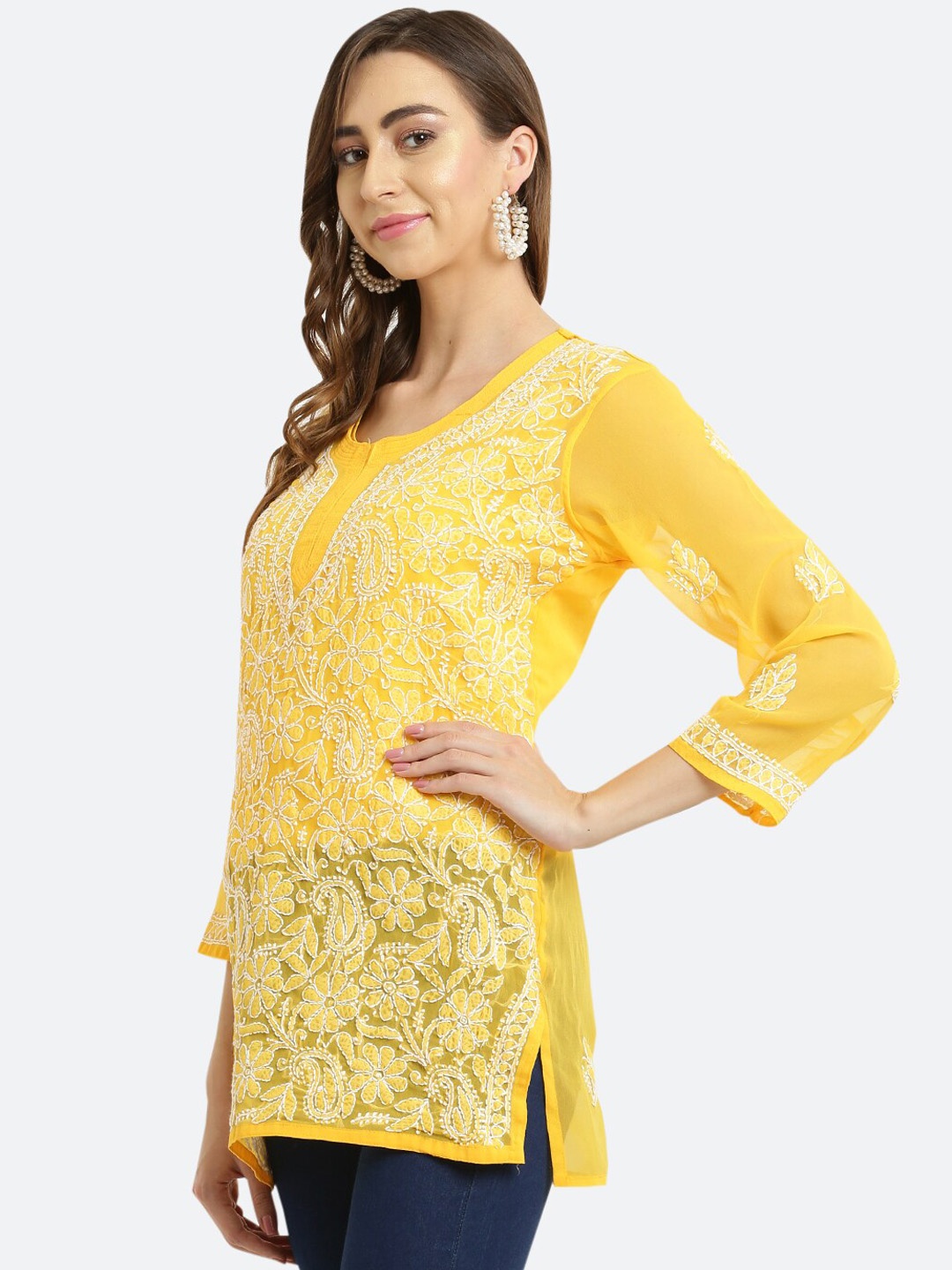 

FAWOMENT Yellow Floral Chikankari Embroidered Kurti