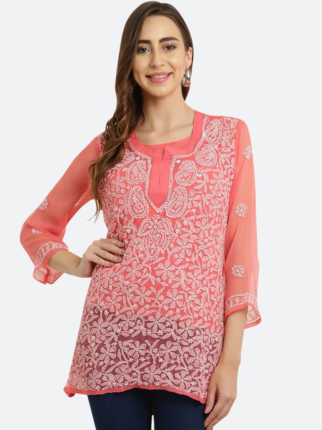

FAWOMENT Peach Floral Chikankari Embroidered Kurti
