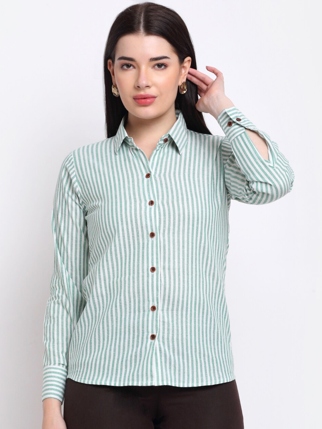 

Aarsha Women Striped Pure Cotton Formal Shirt, Green