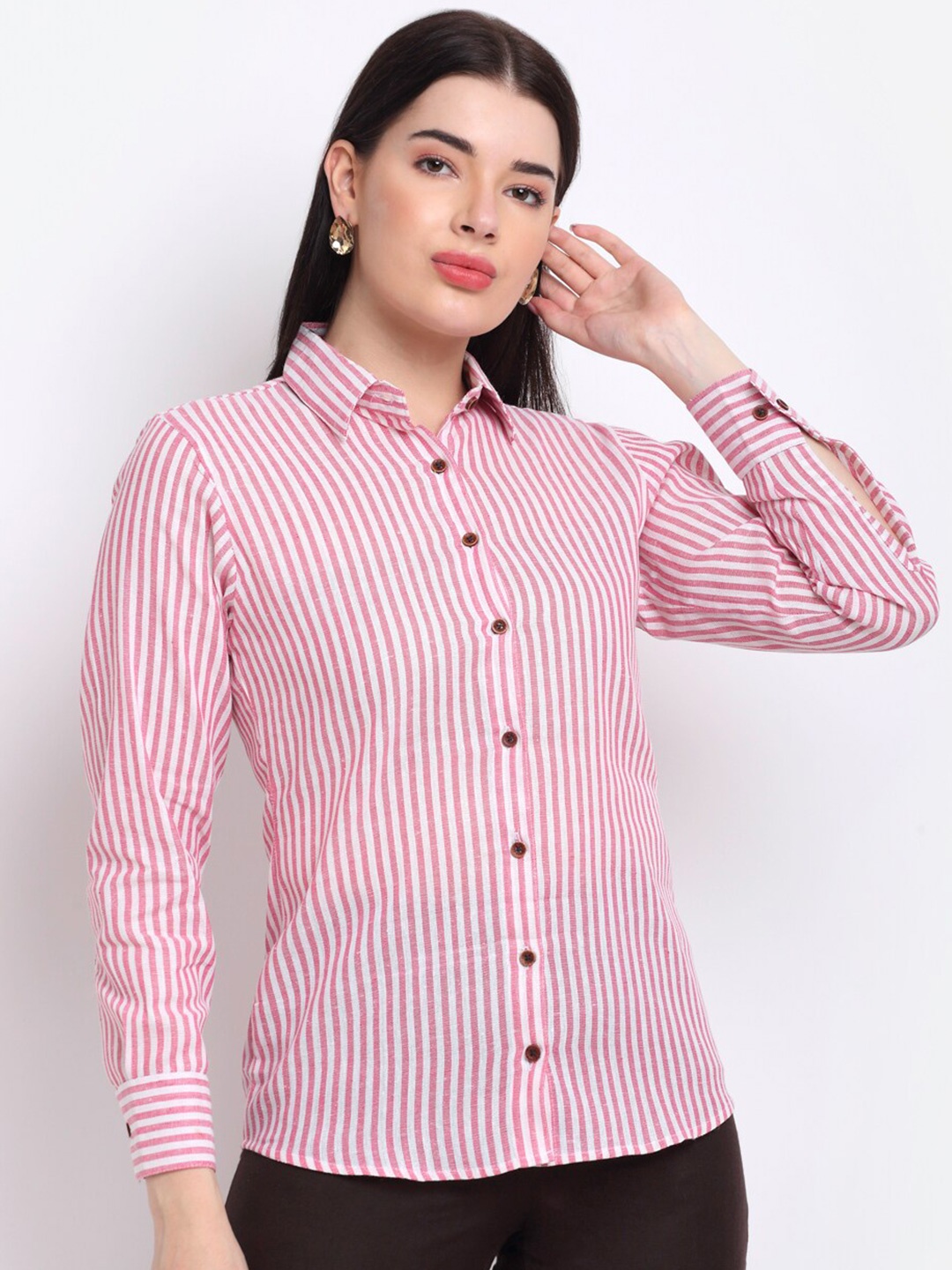 

Aarsha Women Striped Pure Cotton Formal Shirt, Pink