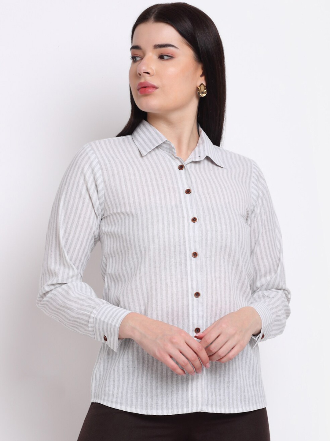 

Aarsha Women Striped Pure Cotton Formal Shirt, Grey