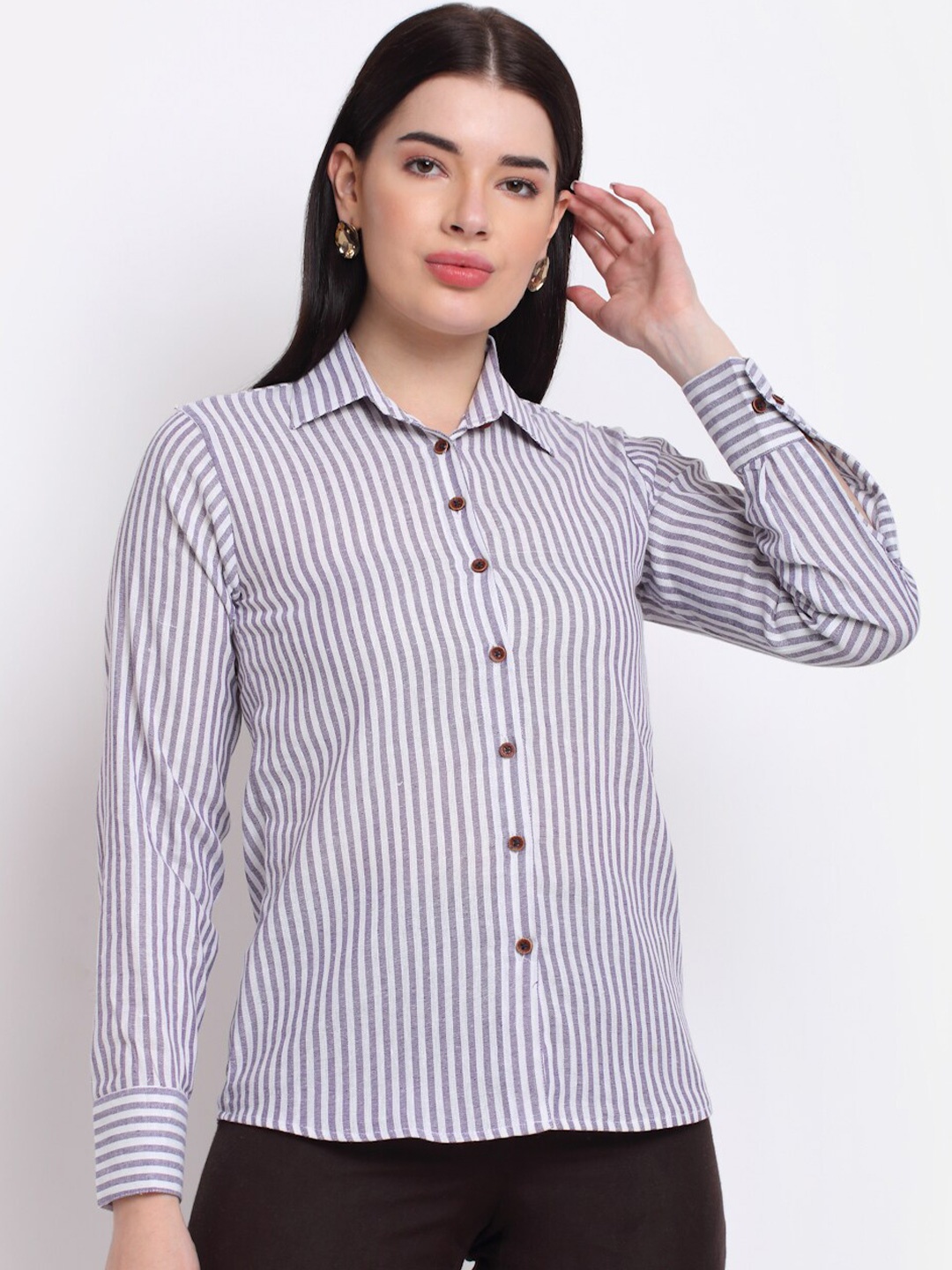

Aarsha Women Striped Pure Cotton Formal Shirt, Purple