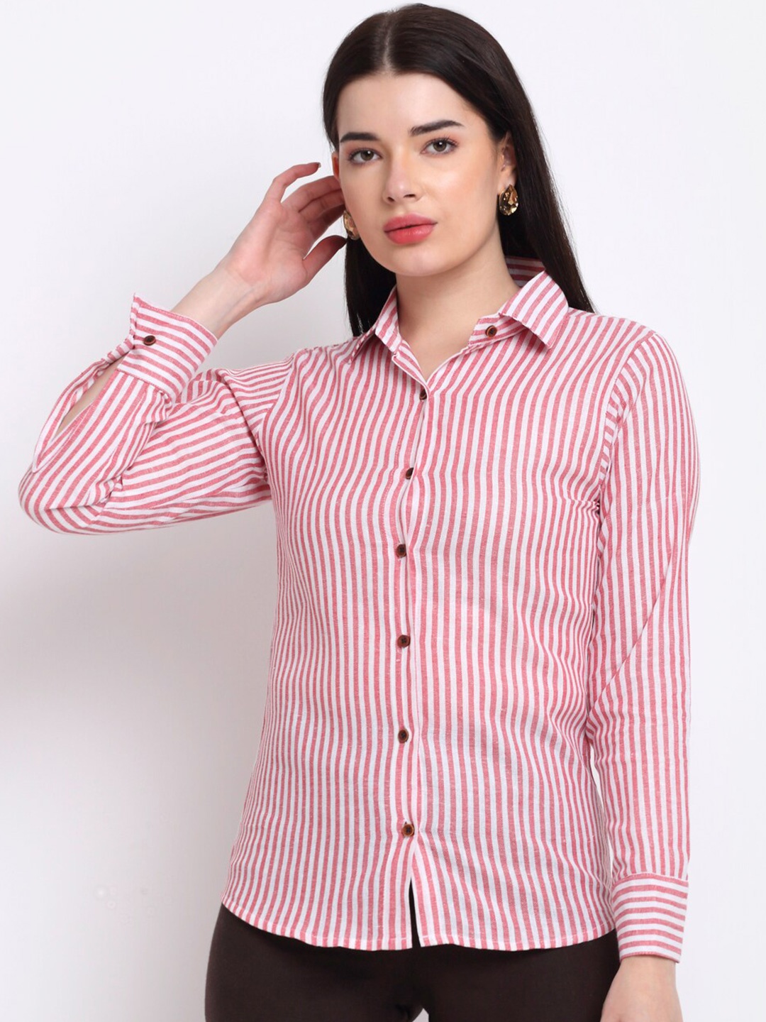 

Aarsha Women Striped Pure Cotton Formal Shirt, Red