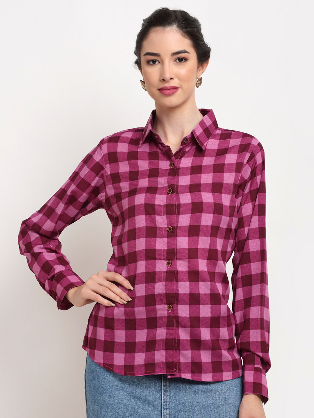 

Aarsha Women Buffalo Checked Crepe Casual Shirt, Pink