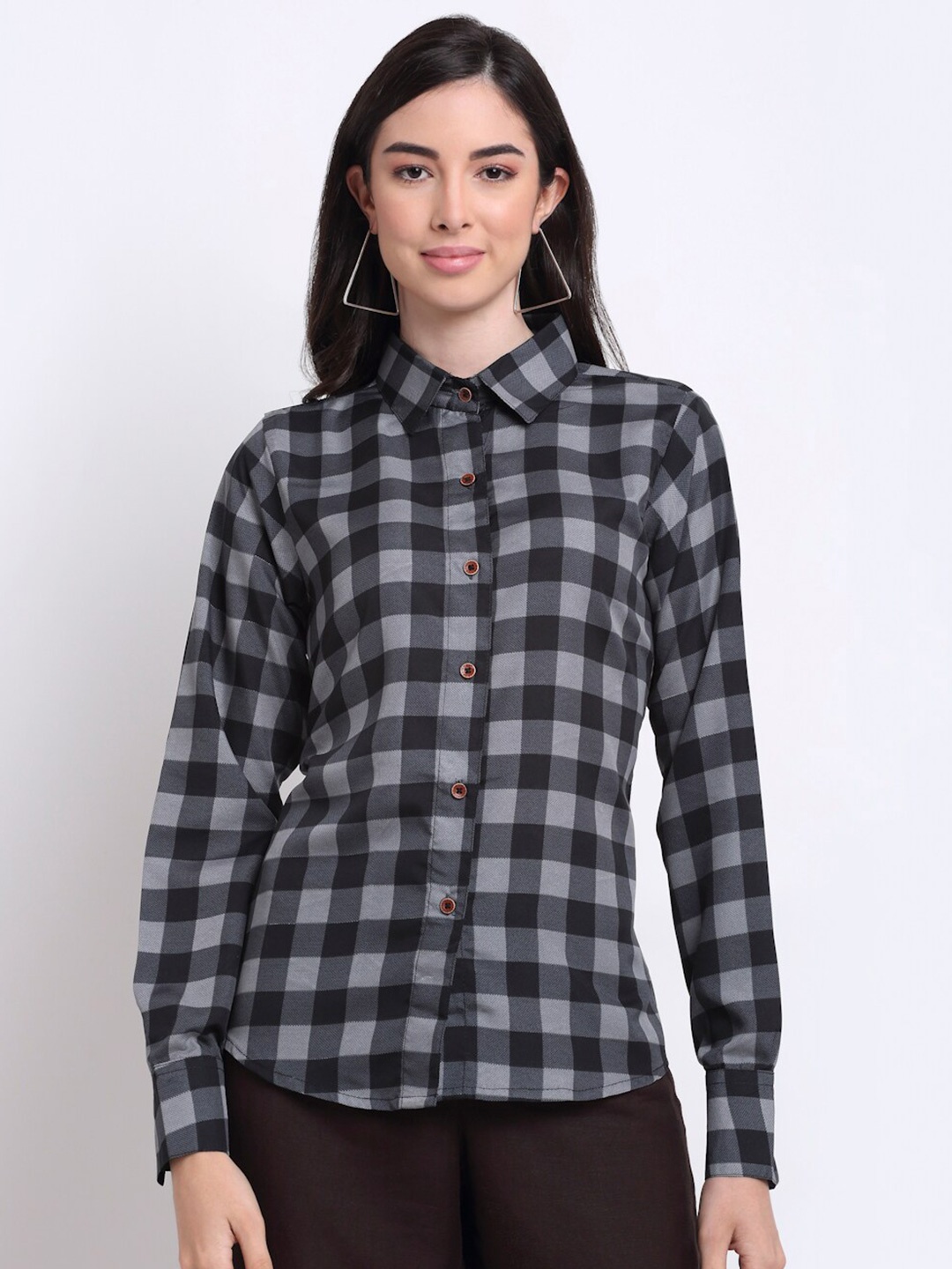 

Aarsha Women Buffalo Checked Crepe Casual Shirt, Grey