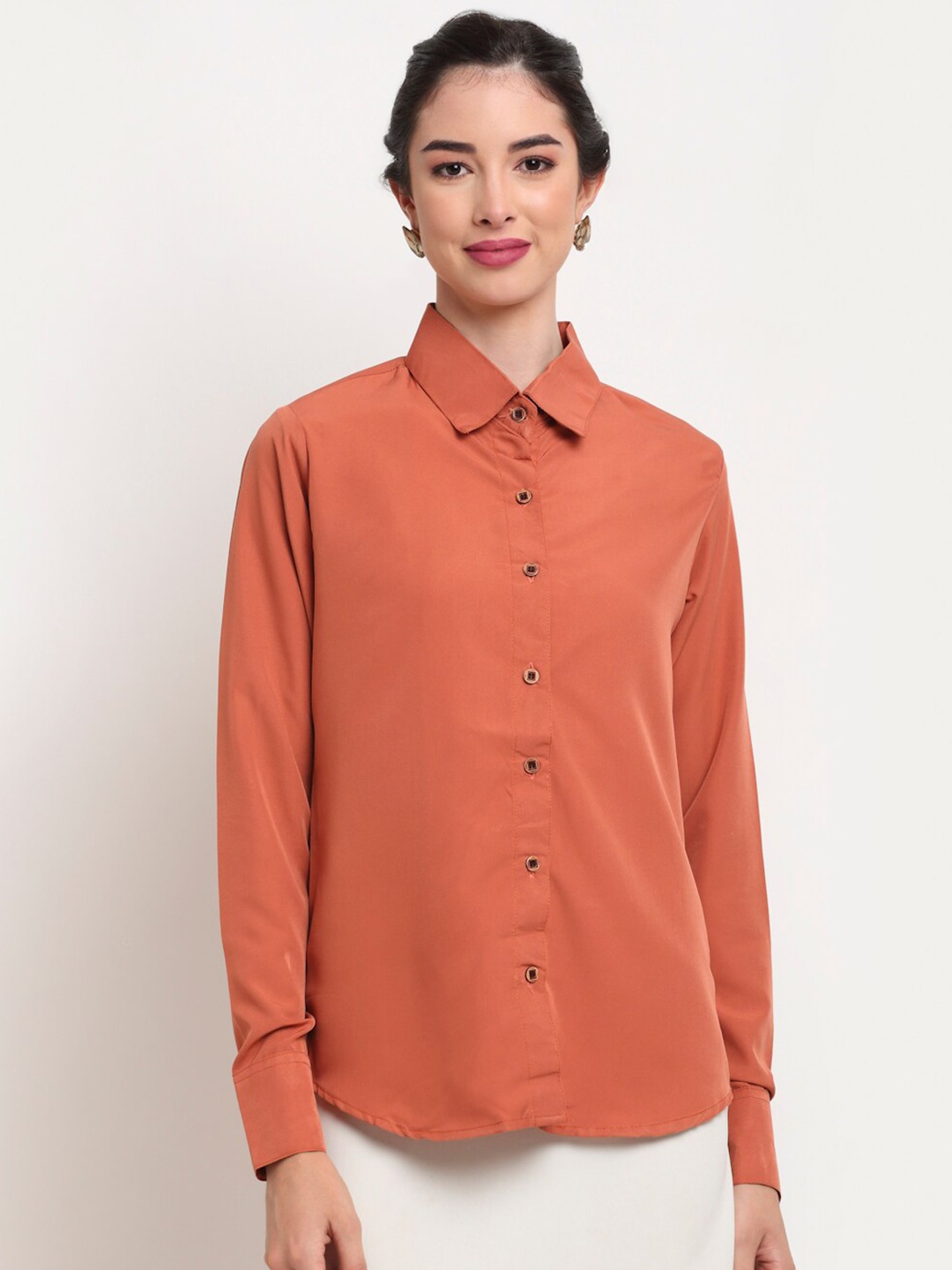 

Aarsha Women Rust Orange Crepe Formal Shirt