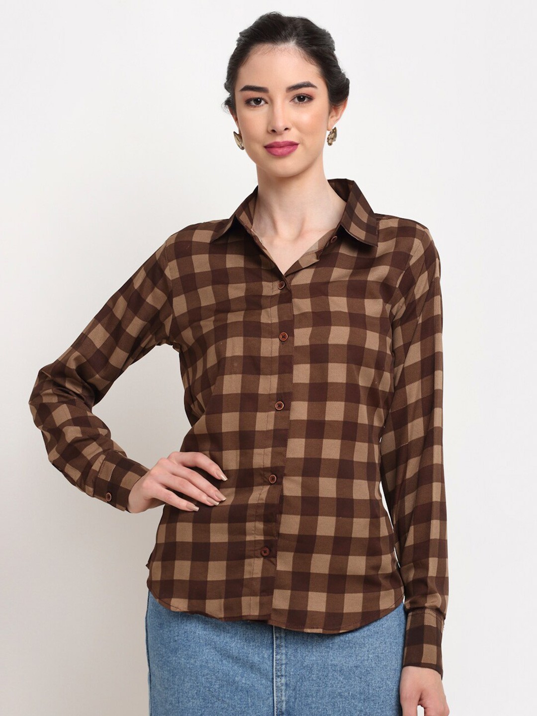 

Aarsha Women Buffalo Checked Crepe Casual Shirt, Brown