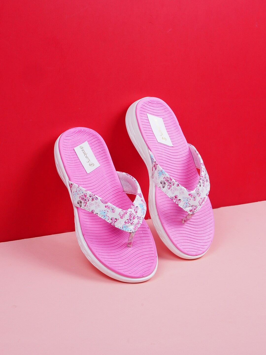 

DressBerry Women Pink & White Printed Thong Flip-Flops