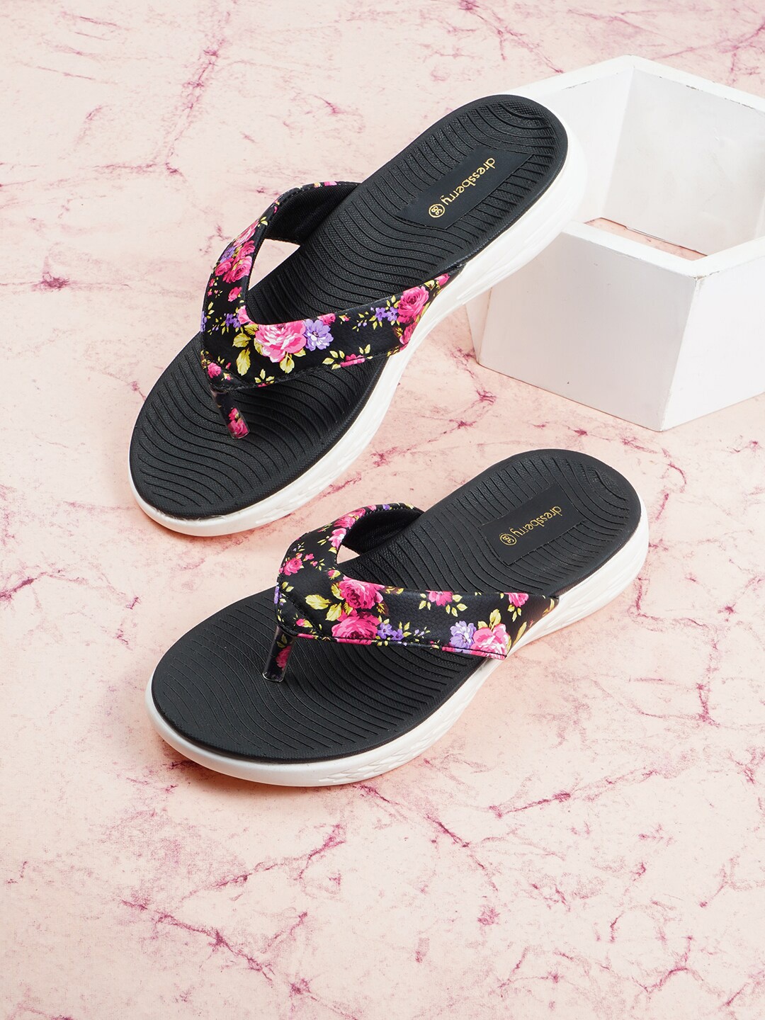 

DressBerry Women Black & Pink Printed Thong Flip-Flops