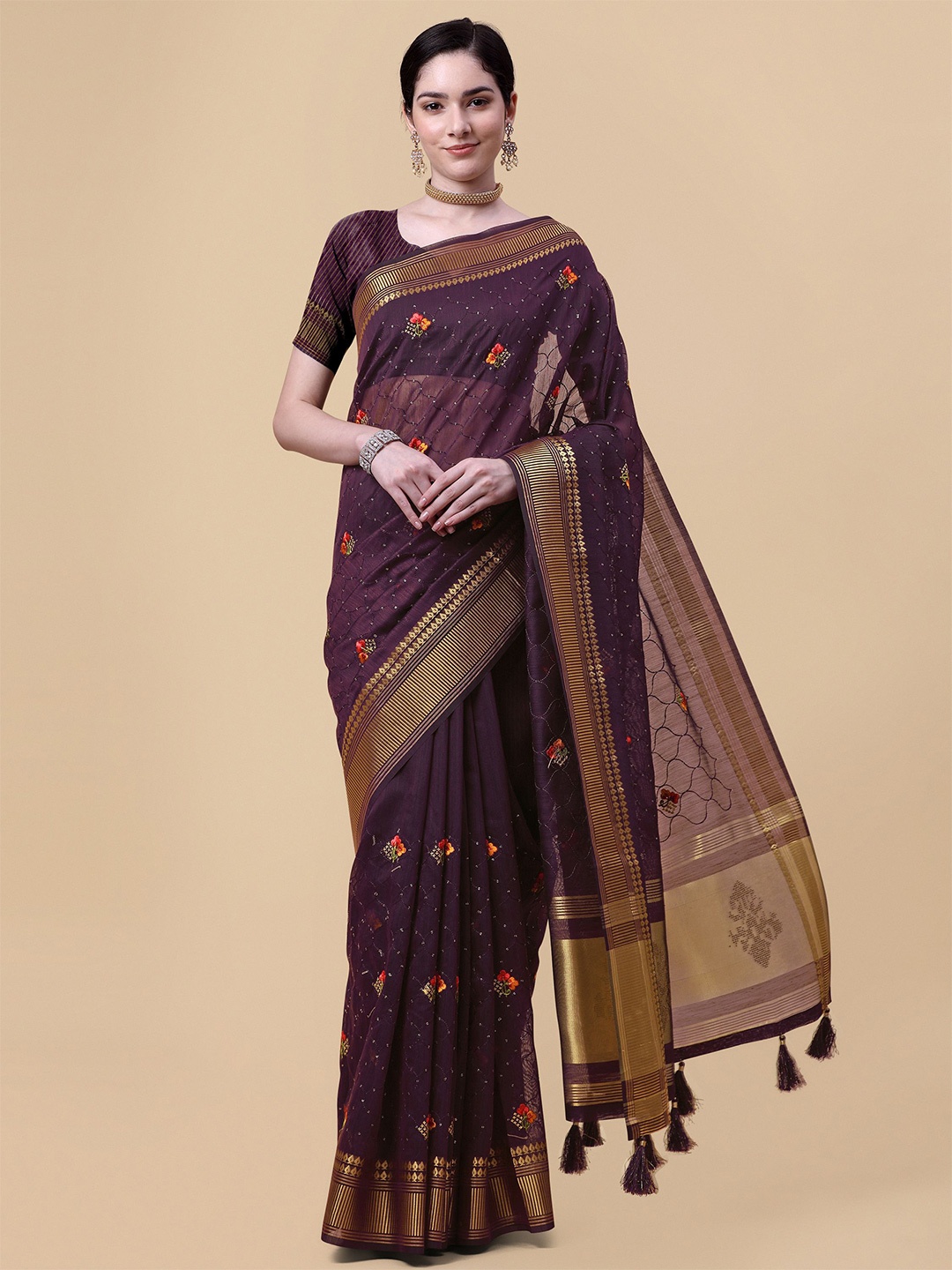 

Mitera Magenta & Gold-Toned Embellished Embroidered Pure Linen Saree