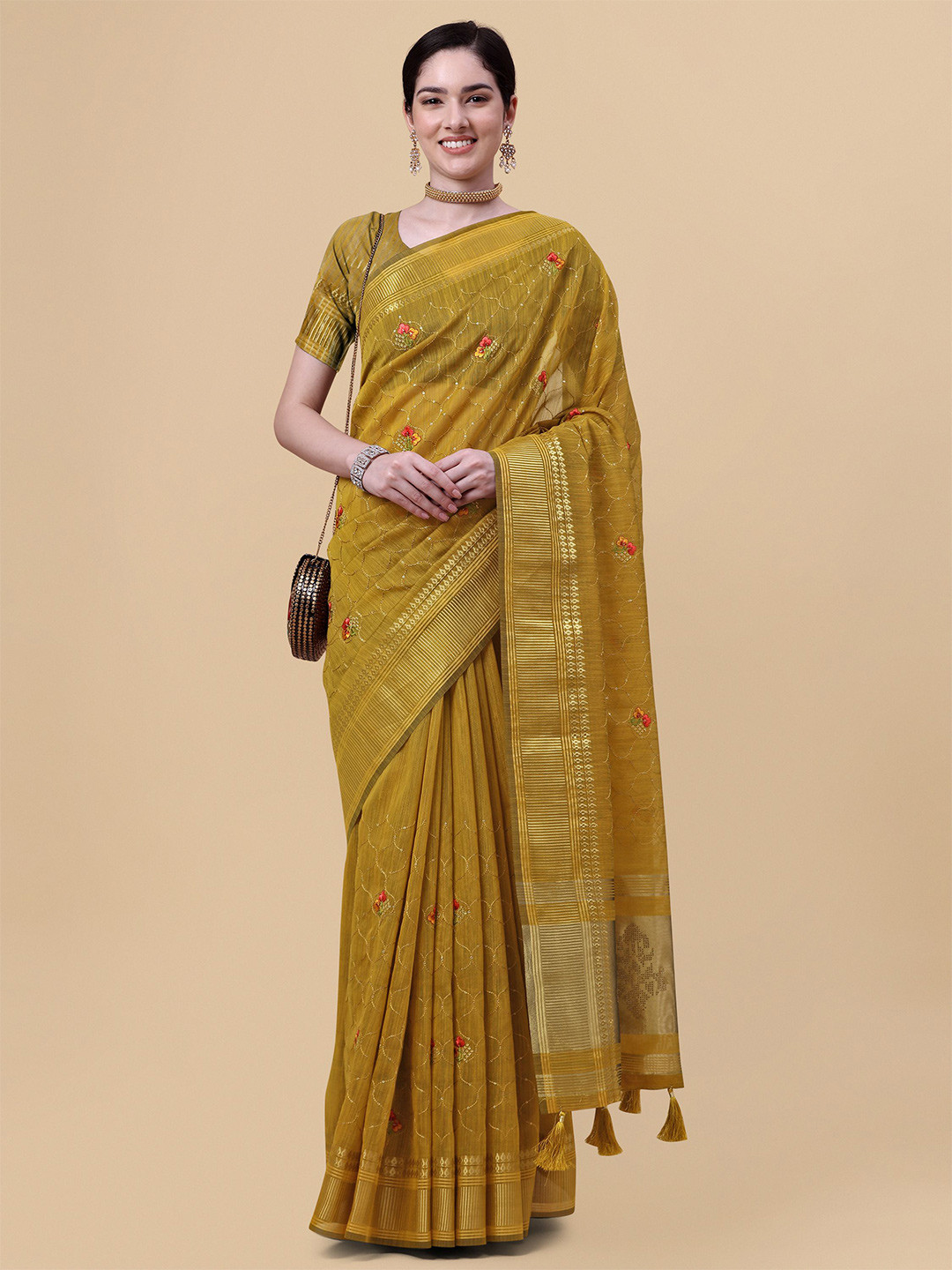 

Mitera Mustard Yellow & Gold-Toned Ethnic Motifs Embroidered Pure Linen Saree