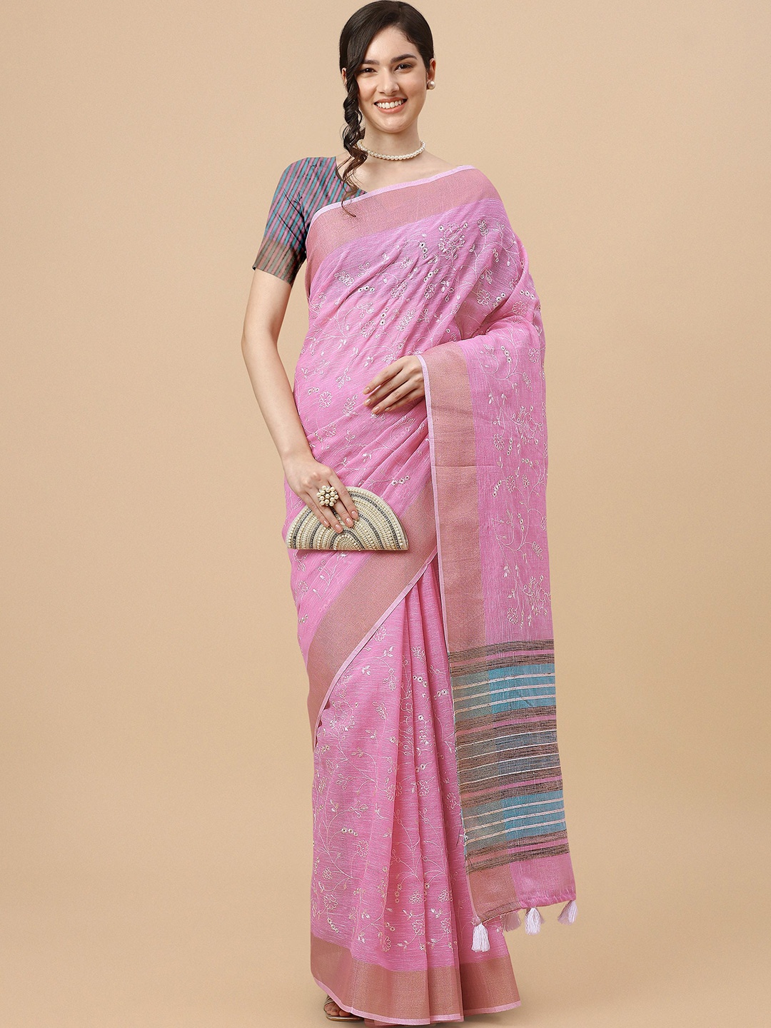 

Mitera Pink & Blue Floral Embroidered Pure Linen Saree